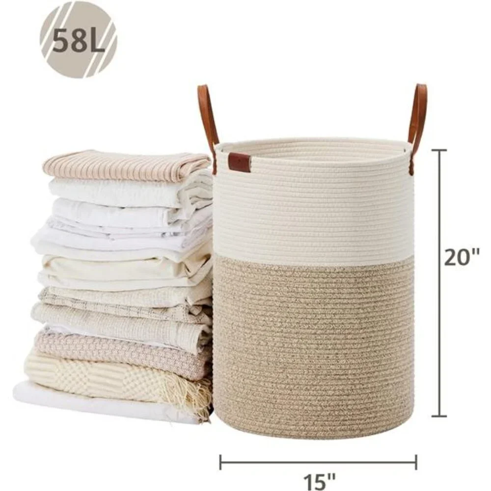 Tall Laundry Basket, Large Dirty Clothes Hamper with Leather Handle
